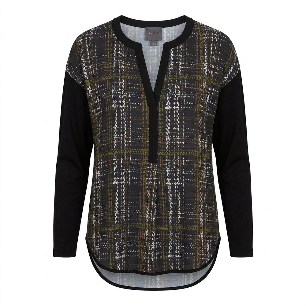 Lyssé Multicolor Knit Lightweight Stretch Plaid Blouse Women Size L